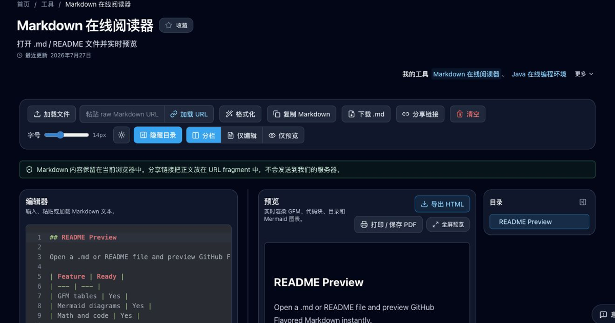 Markdown 在线阅读器 - 打开 .md / README 文件并实时预览 | 开发者工具集